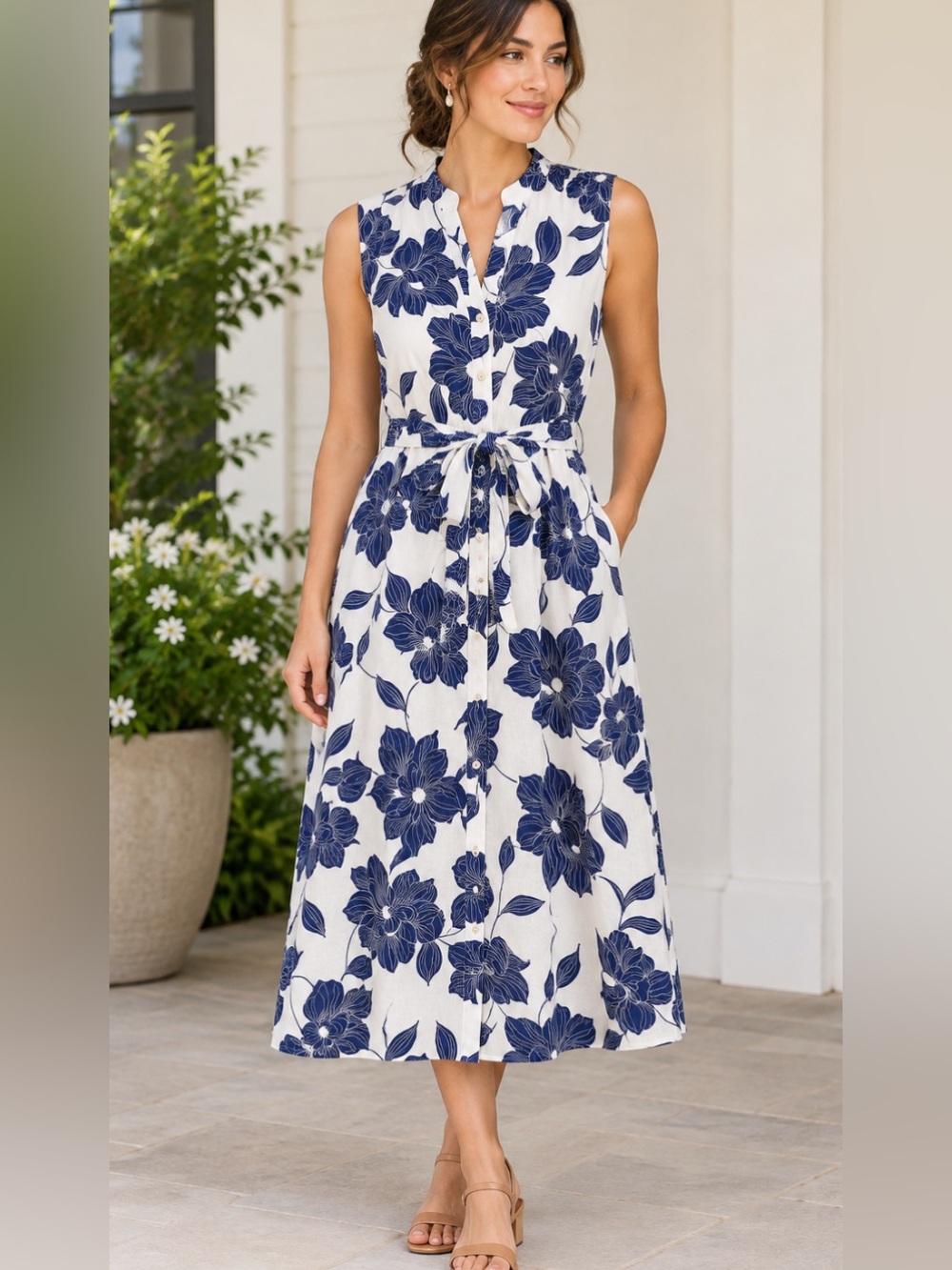 NWT Draper James Sleeveless White Dress with Navy Floral Print and Waist Tie L